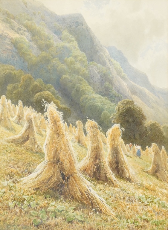 Jackson Curnock (1839-1831), Hay Ricks on a hillside, signed and dated 1880, various ink annotations verso, watercolour, 39 x 28cm